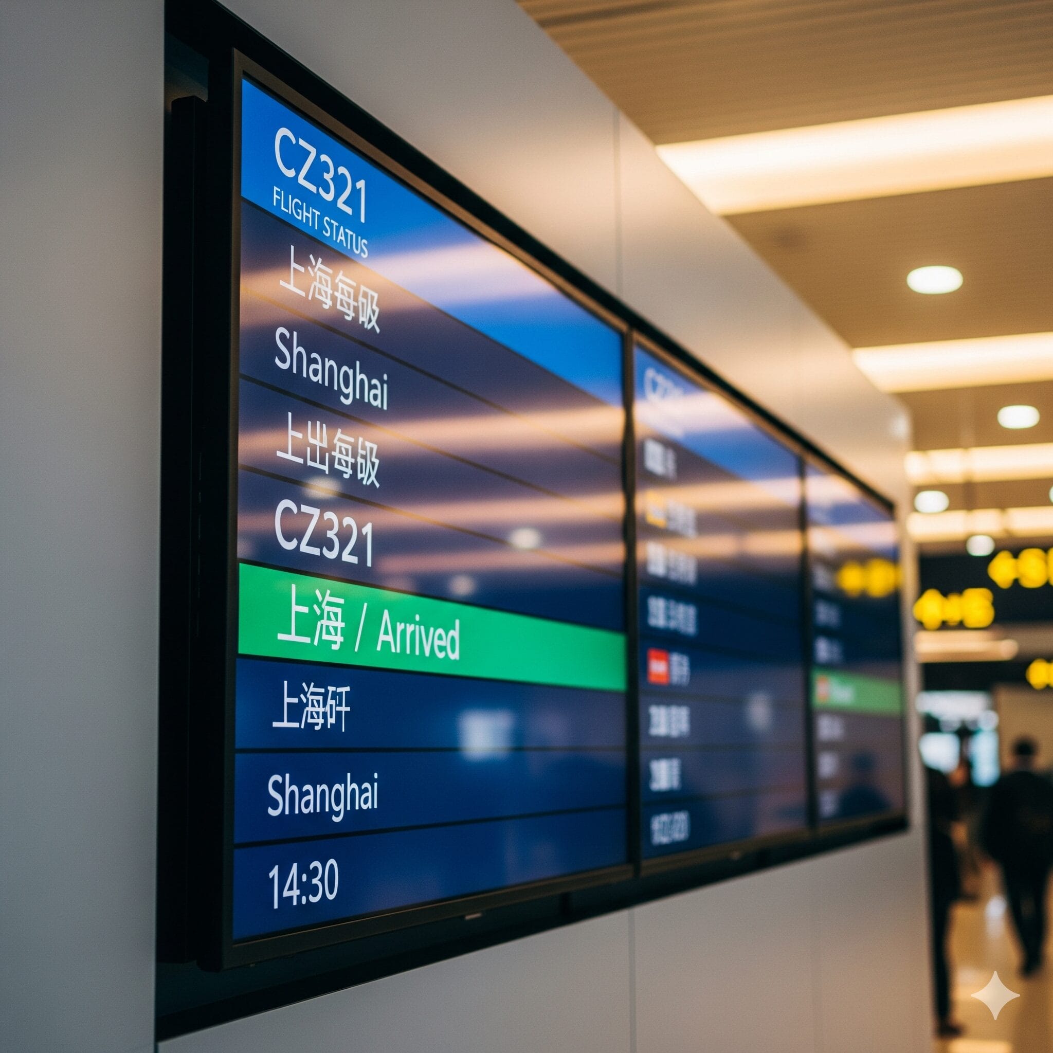 空港の到着ロビーの電光掲示板に「已到达 / Arrived」と表示されている