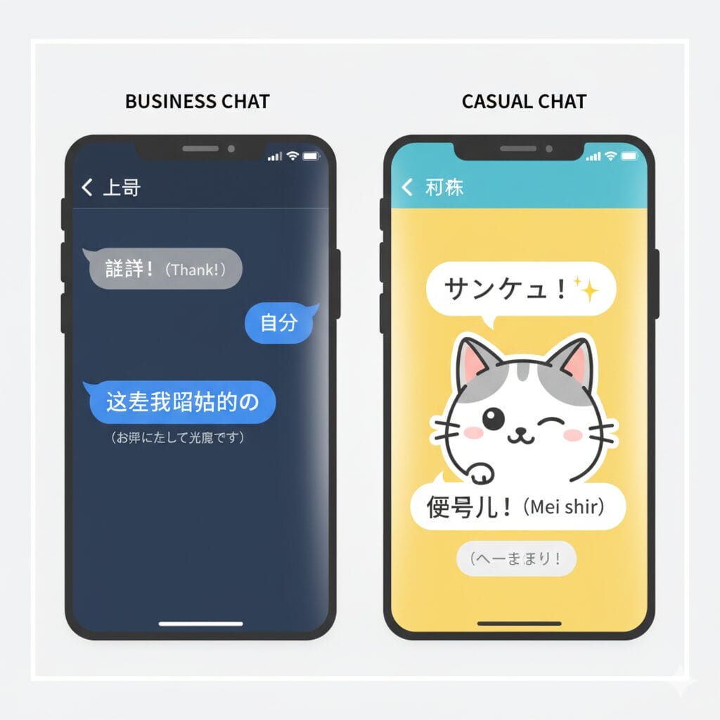 フォーマルとカジュアルなチャット画面の比較イラスト