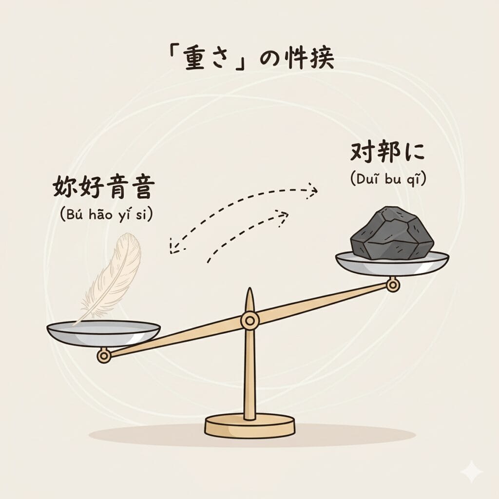 「不好意思」と「对不起」の重みの違いを示す天秤のイラスト