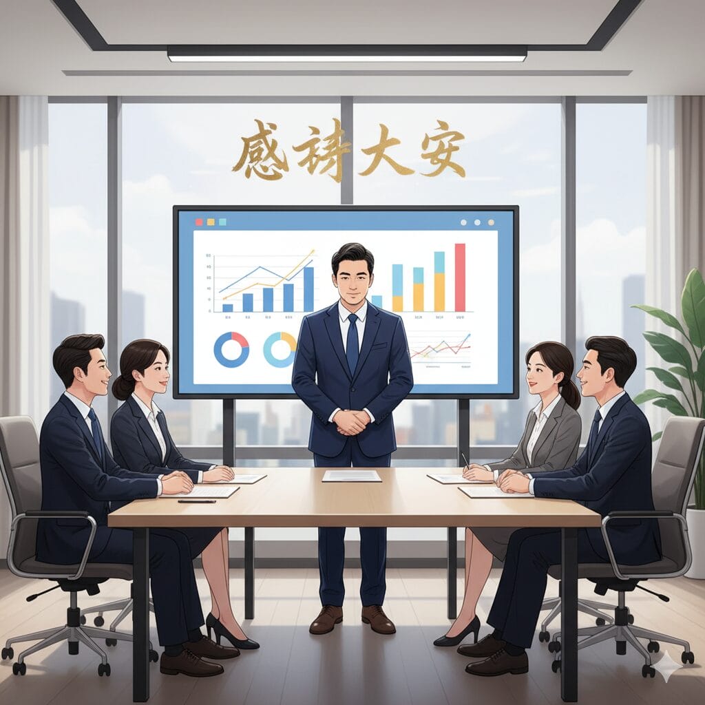 ビジネスシーンで丁寧にお辞儀をして感謝を伝えるイラスト