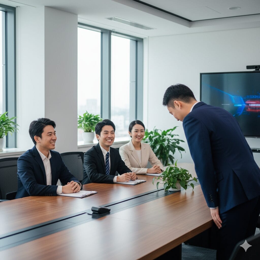 ビジネスシーンで自己紹介をする日本人