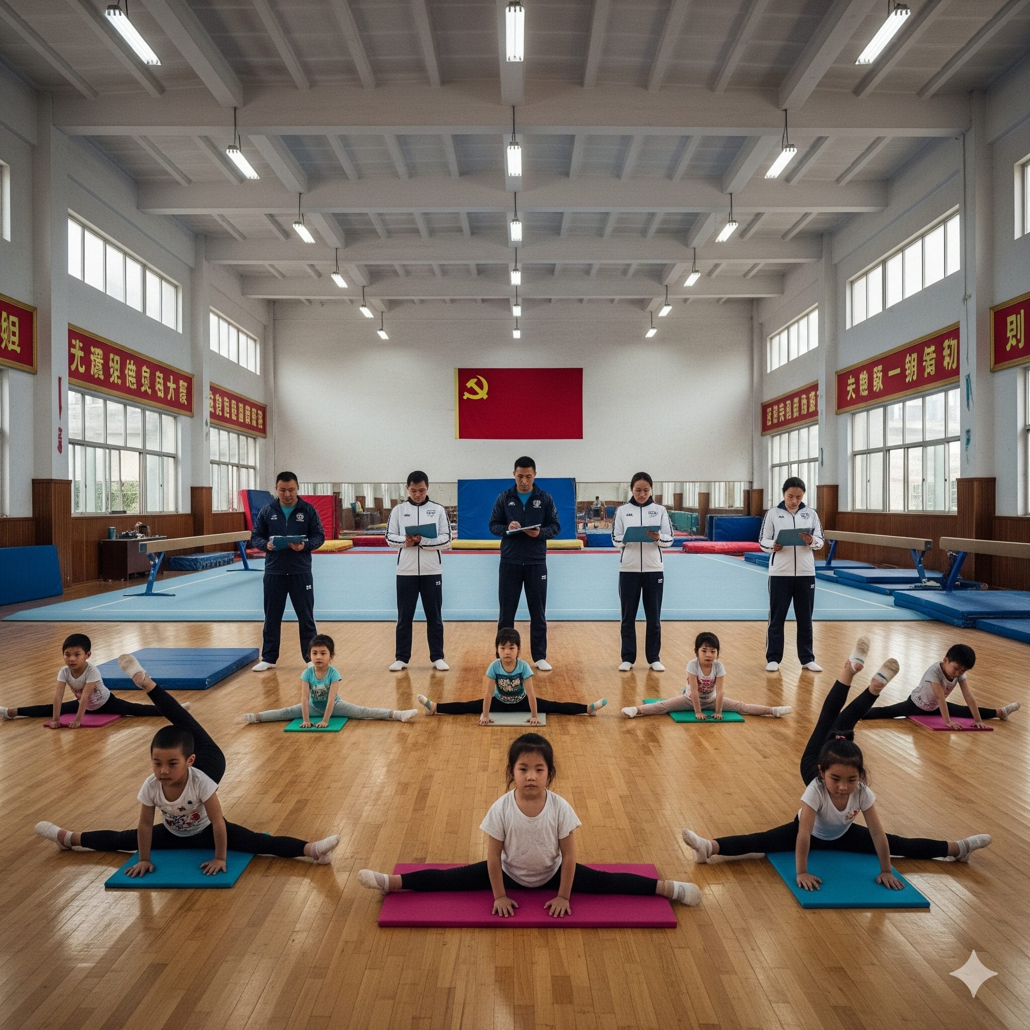 中国の体育学校で厳しい柔軟体操の訓練を受ける幼い子供たち