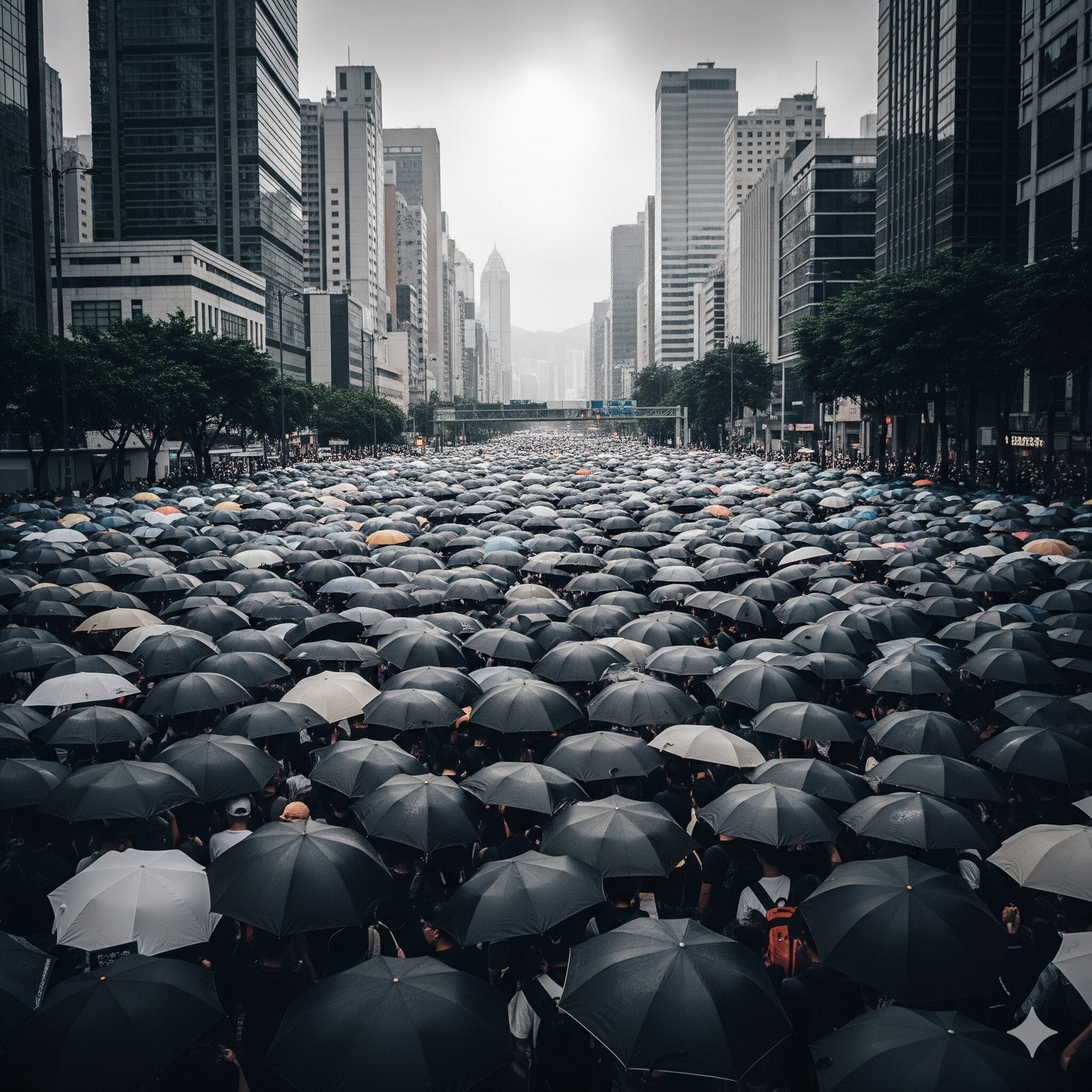2019年の香港の民主化デモで通りを埋め尽くす群衆と傘