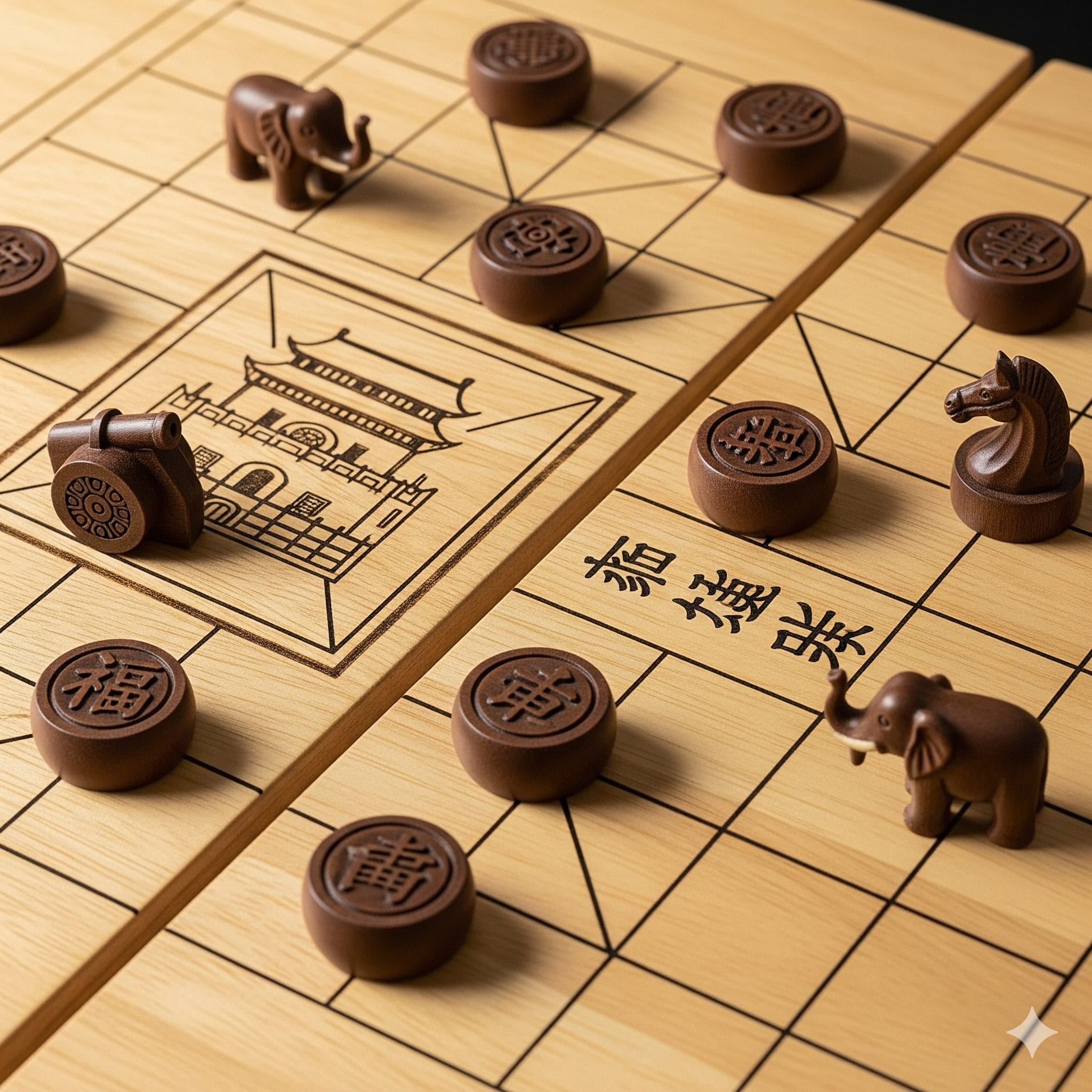 中国象棋の盤面のクローズアップ。「楚河漢界」と「九宮」がはっきりとわかる。
