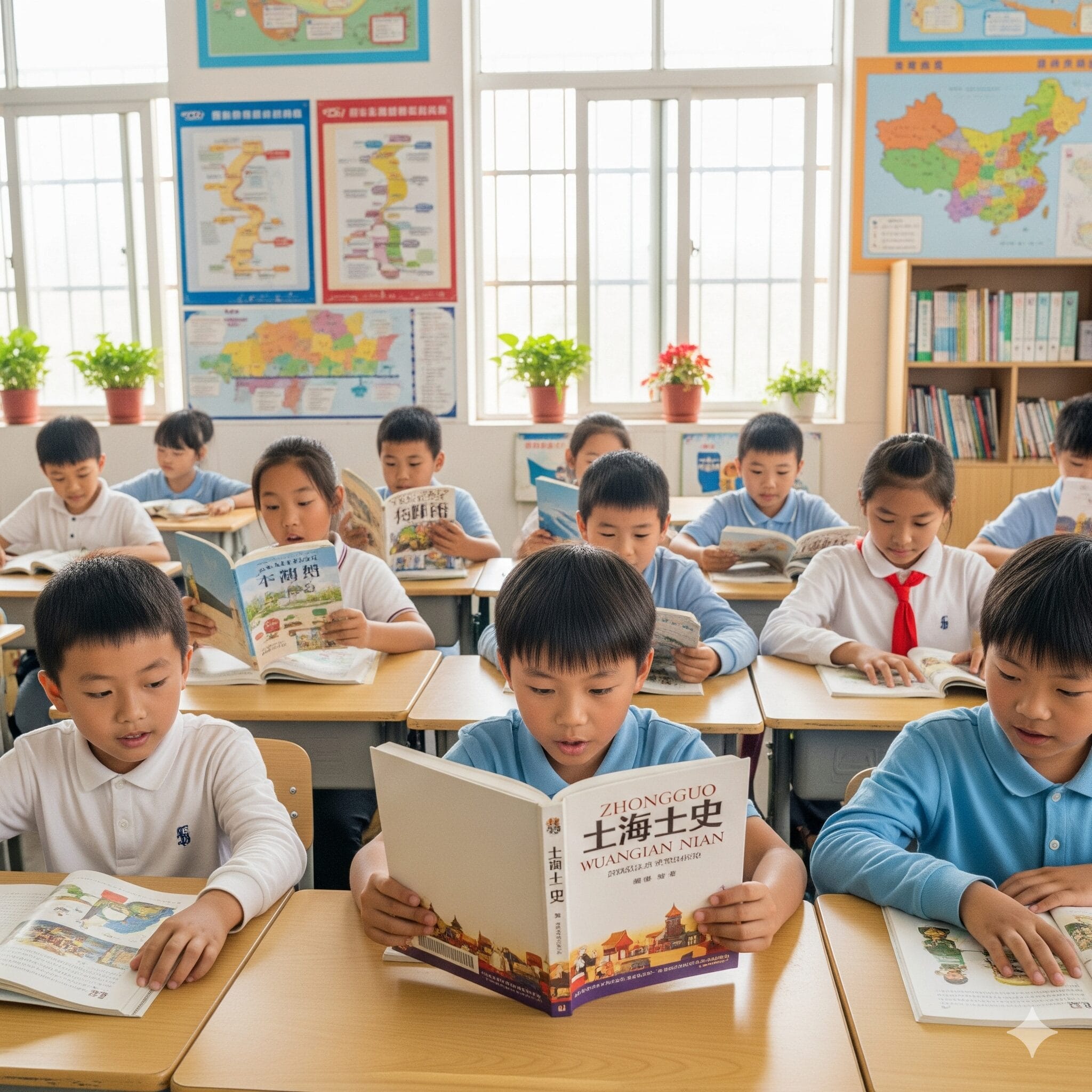 中国の教室で『上下五千年』という歴史の本を熱心に読む子供たち