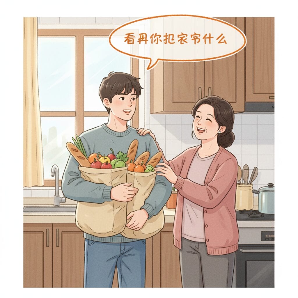 中国の家庭で母親の荷物を持つ息子