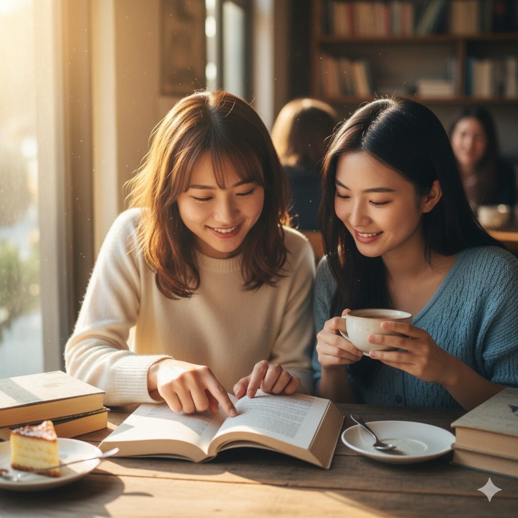 カフェで友人にお願い事をする女性