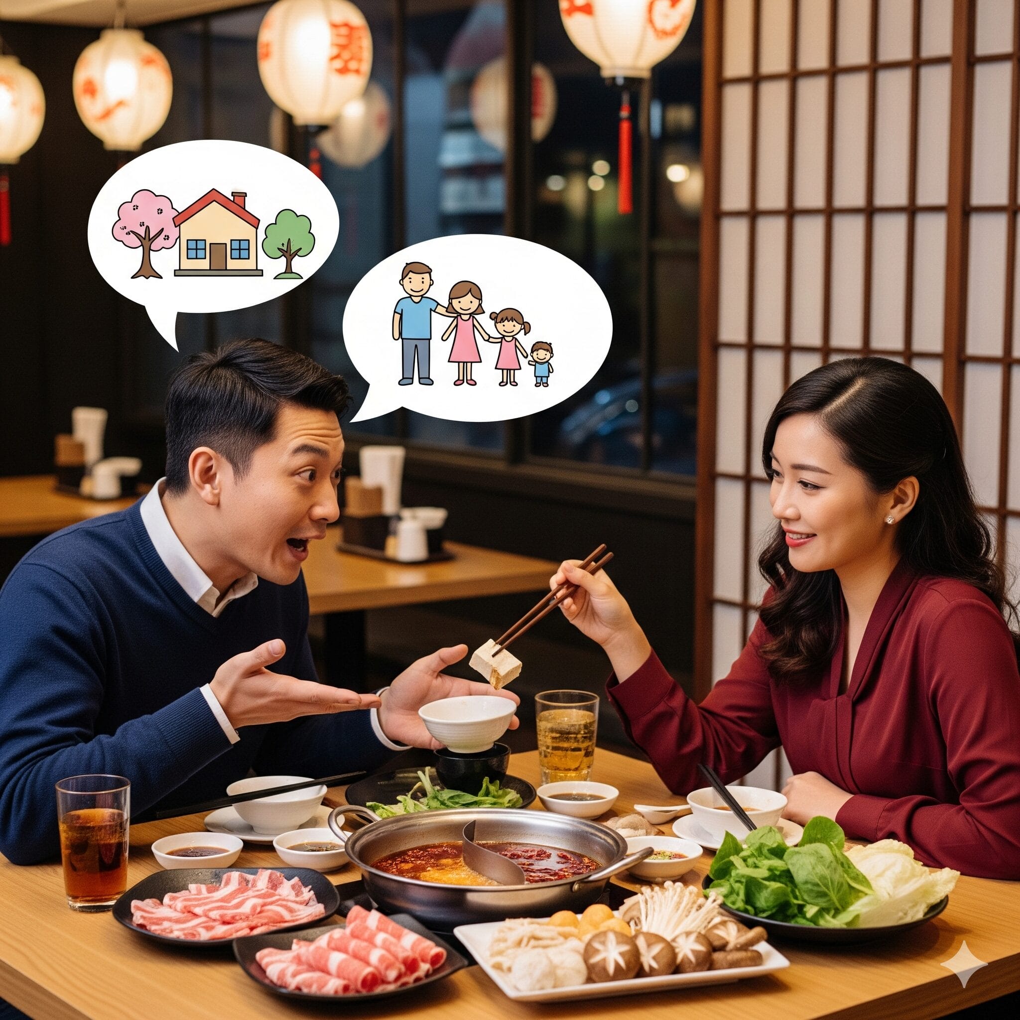 日本人と中国人がレストランで楽しく話しているイラスト