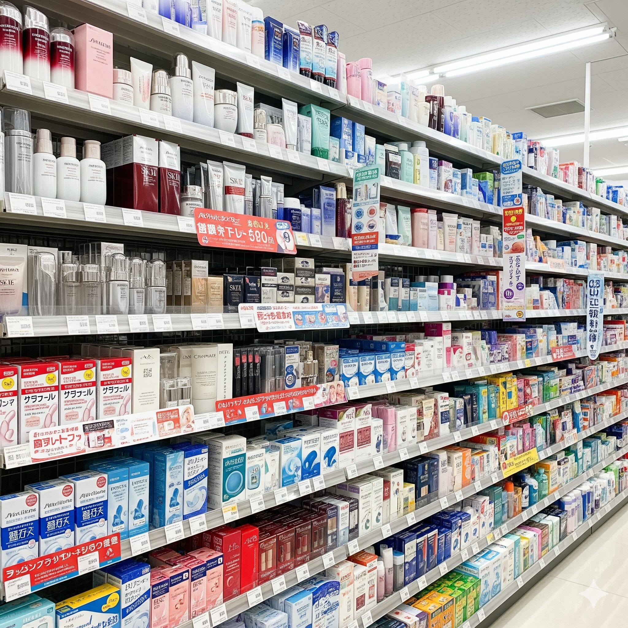 日本のドラッグストアに並ぶ多種多様な化粧品や医薬品
