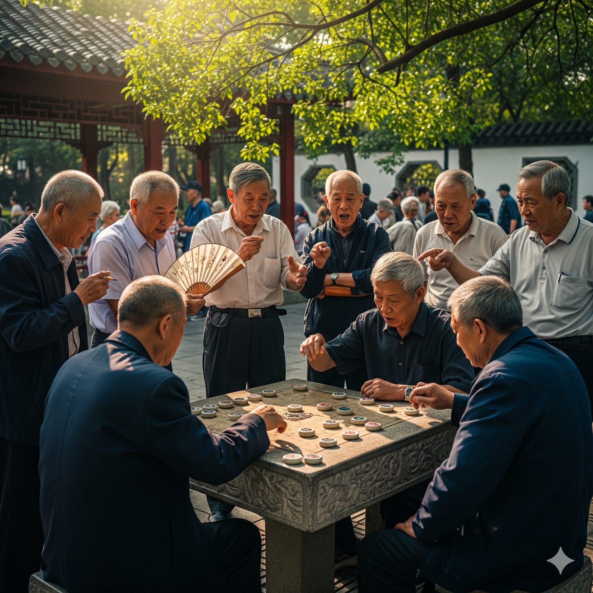中国の公園で、多くの高齢者が一局の象棋を熱心に囲んでいる活気ある風景。