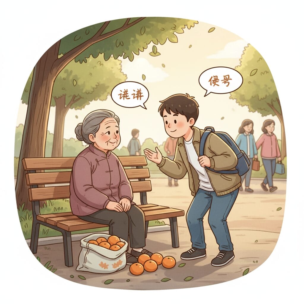 公園で若者がおばあさんを助け、「大丈夫ですよ」と優しく返しているイラスト