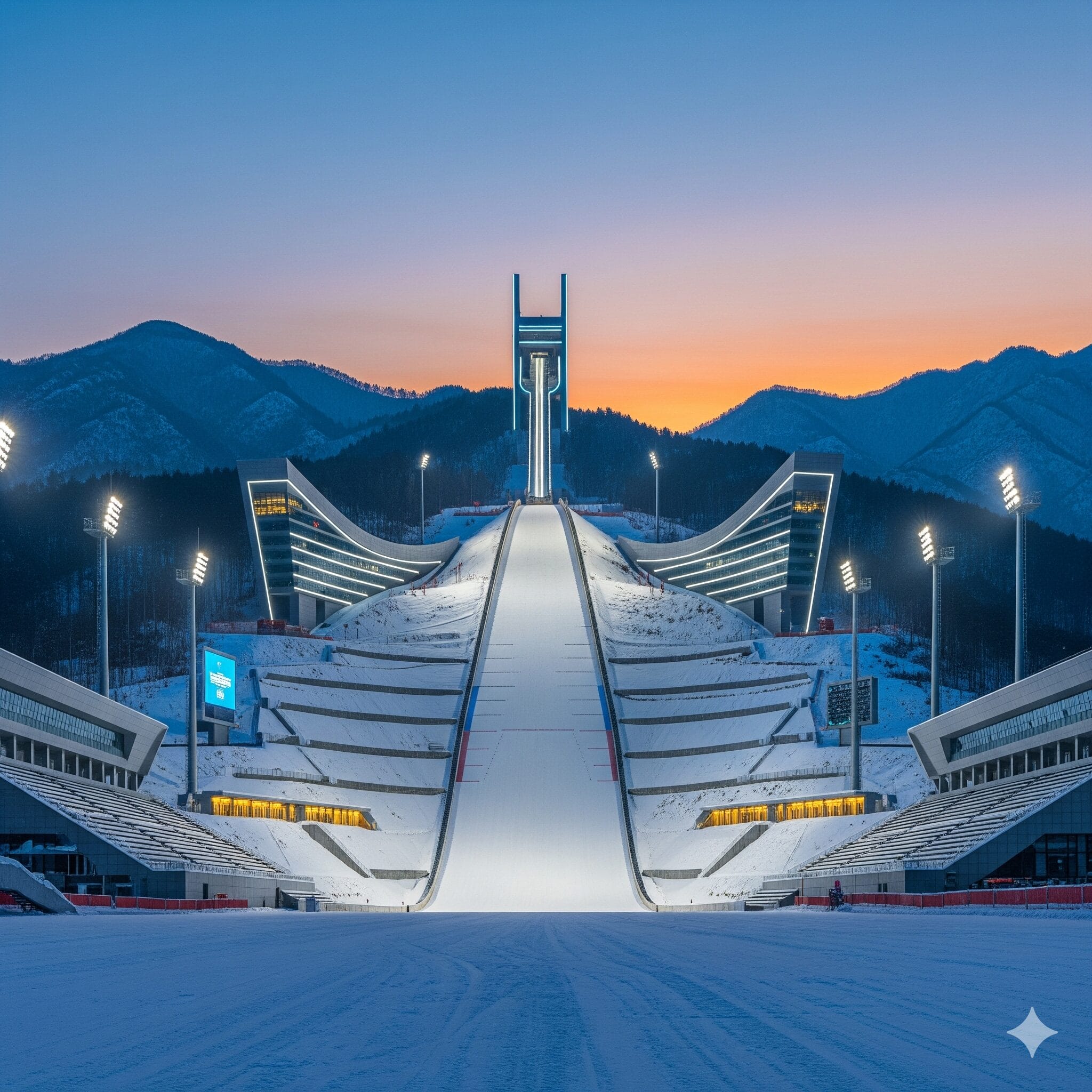 夕暮れの雪山に佇む北京冬季五輪のスキージャンプ台「雪如意」