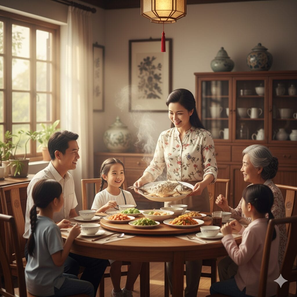 母親が食卓に料理を運び、家族が笑顔で見つめているシーン