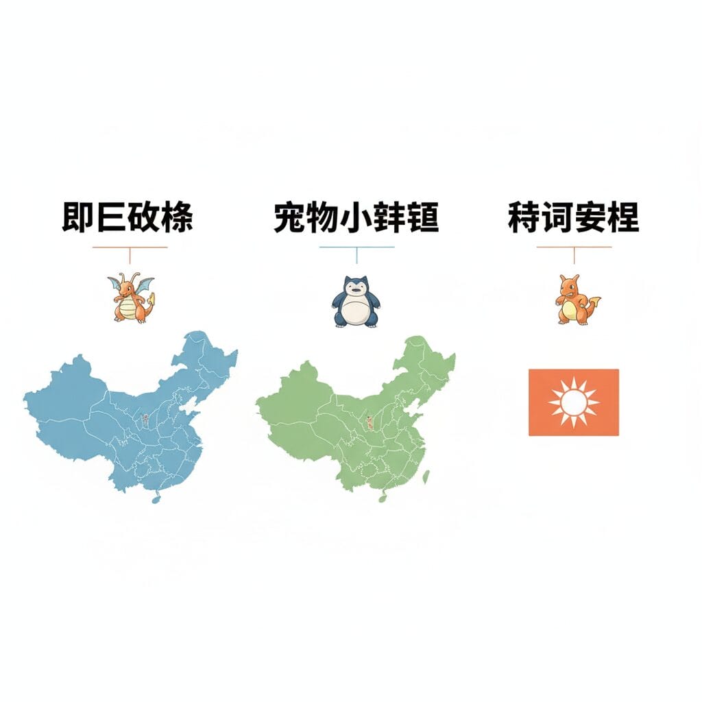 中国大陸、香港、台湾の地図と、それぞれの地域で使われていたポケモンの旧名称ロゴ