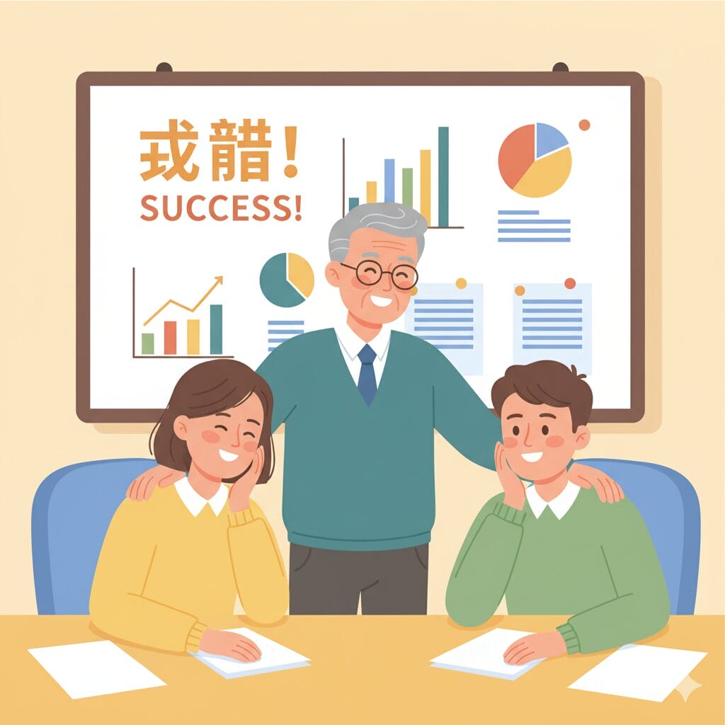 プロジェクトを成功させたチームを上司が労っているイラスト