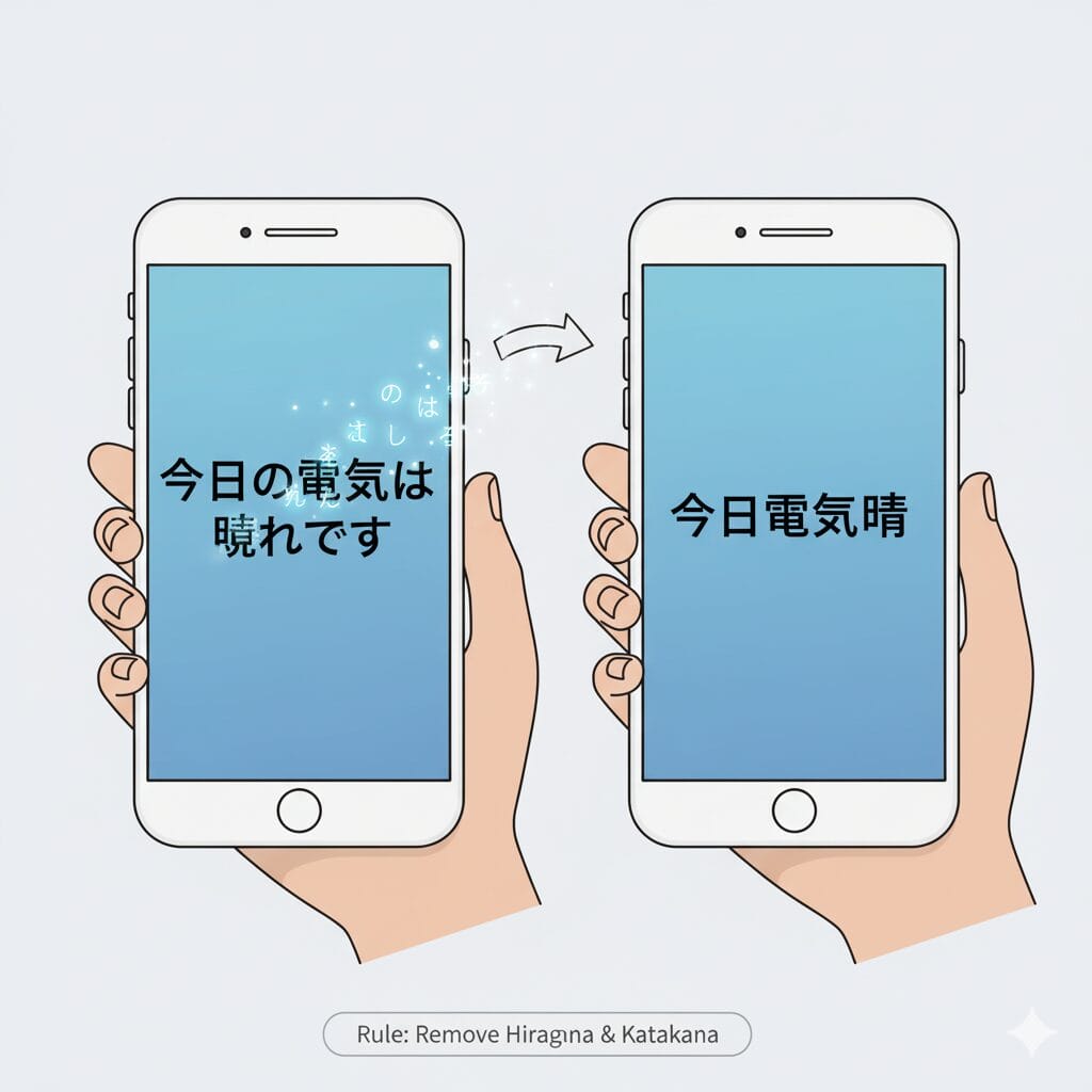 スマホ画面で日本語のひらがなが消えて漢字だけが残るイラスト