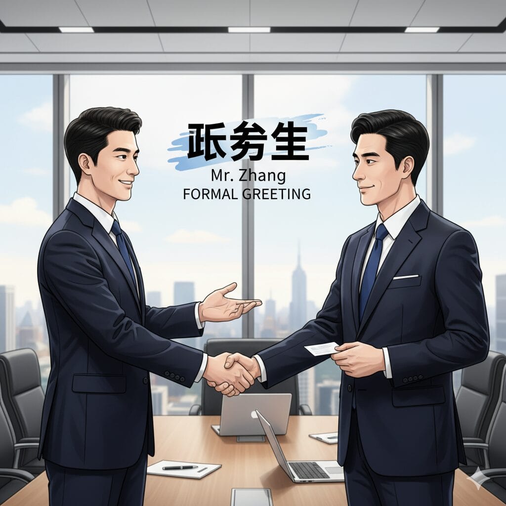ビジネススーツの男性が握手している「先生（xiānsheng）」のイメージ