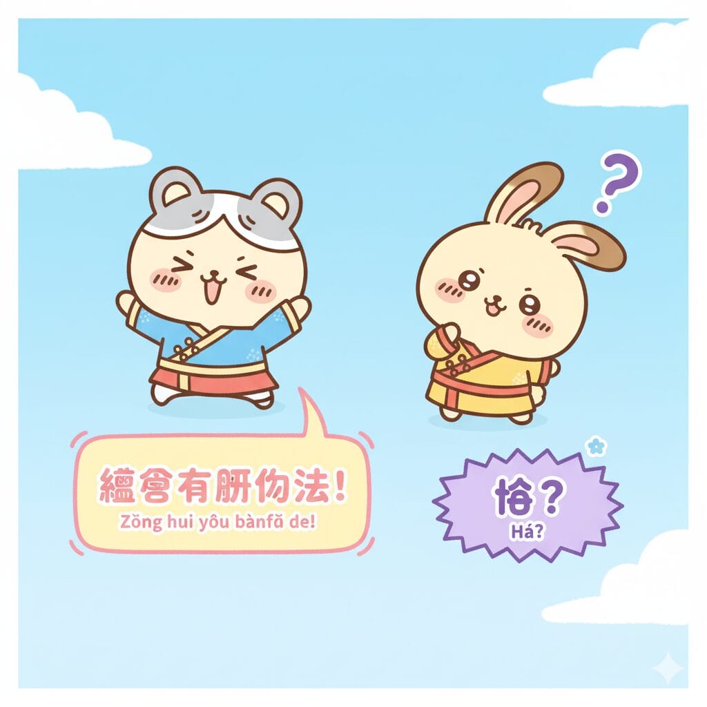「なんとかなれーッ（Zǒng huì yǒu bànfǎ de!）」と叫ぶハチワレと、「Há?」と首をかしげるうさぎ