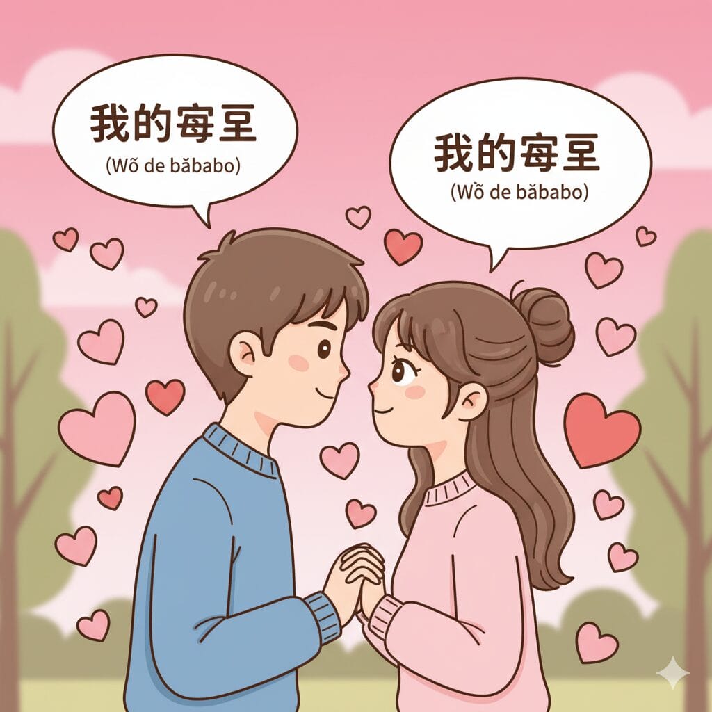 恋人同士が「我的宝宝」と呼び合う甘いイラスト