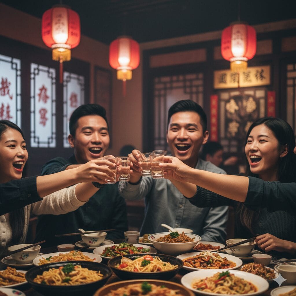 中国のレストランで白酒のグラスを手に乾杯している人々