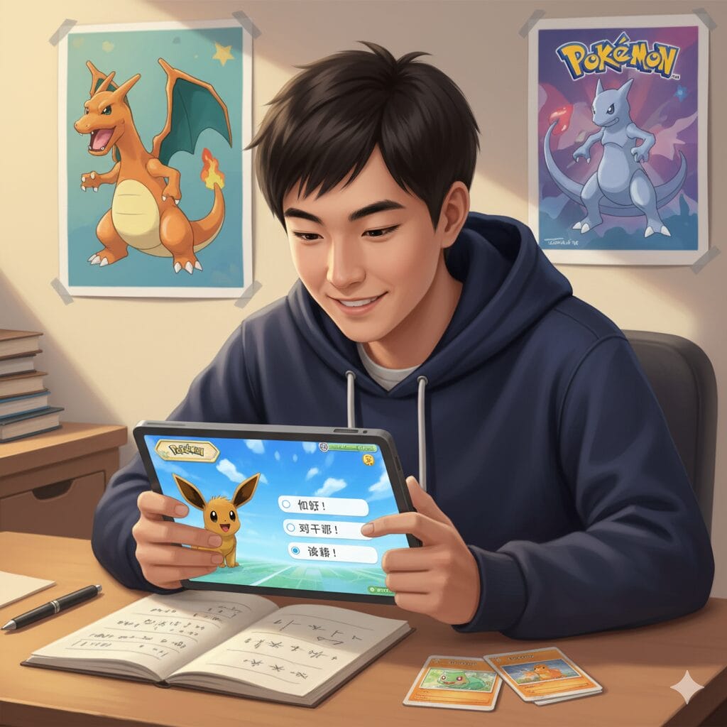 タブレットで中国語版のポケモンゲームをプレイしている学習者