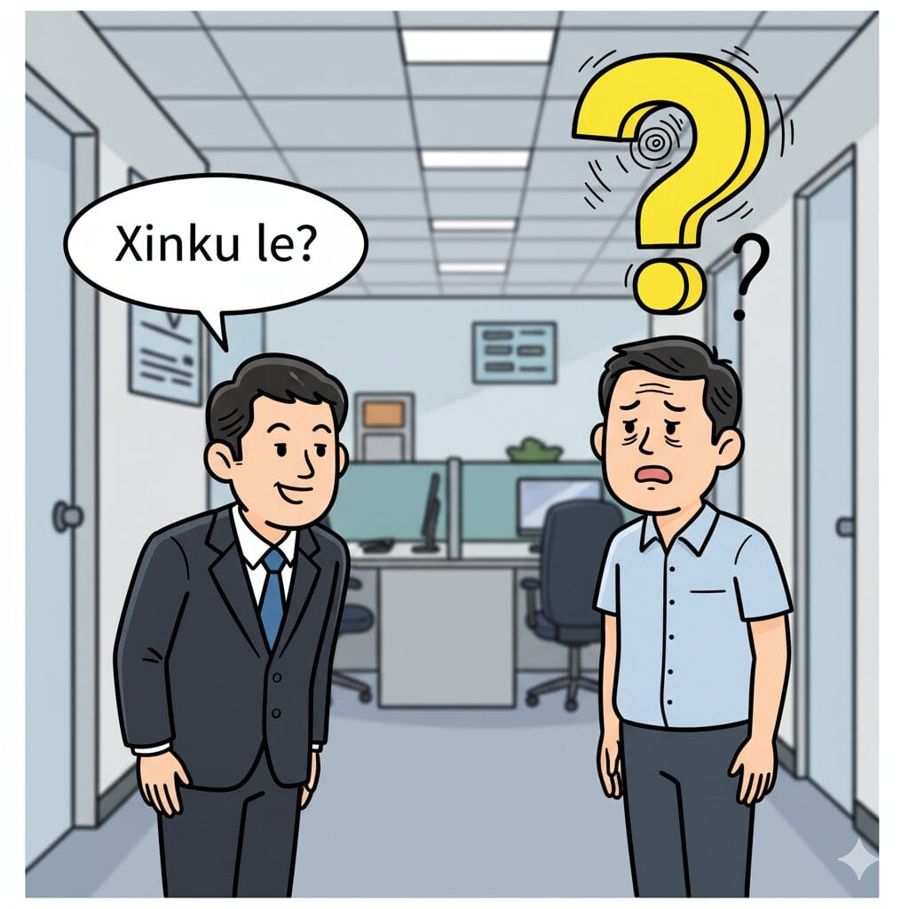困惑した表情の中国人ビジネスマンのコミカルなイラスト