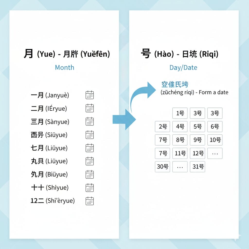 中国語の「月」と「号」の使い方を示すインフォグラフィック