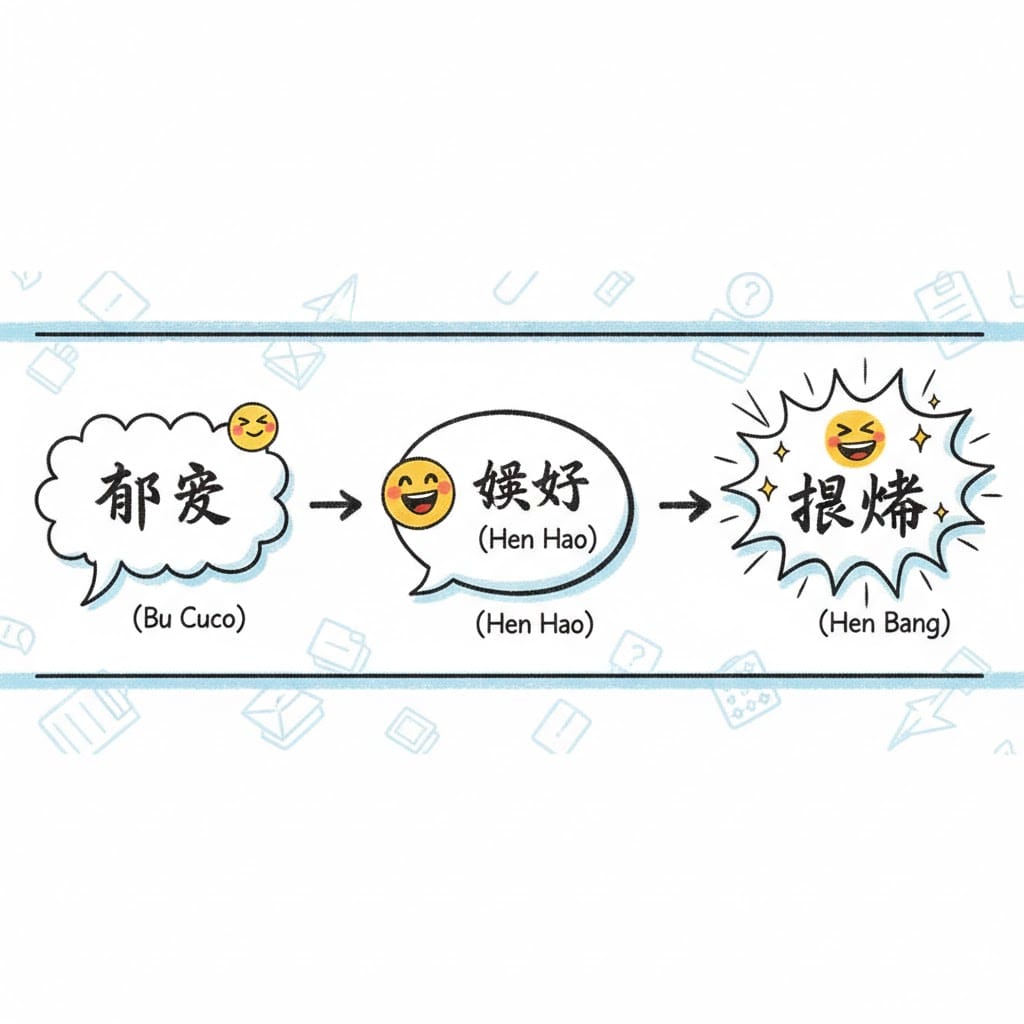 中国語の褒め言葉「不错」「很好」「很棒」を段階的な笑顔で表すインフォグラフィック