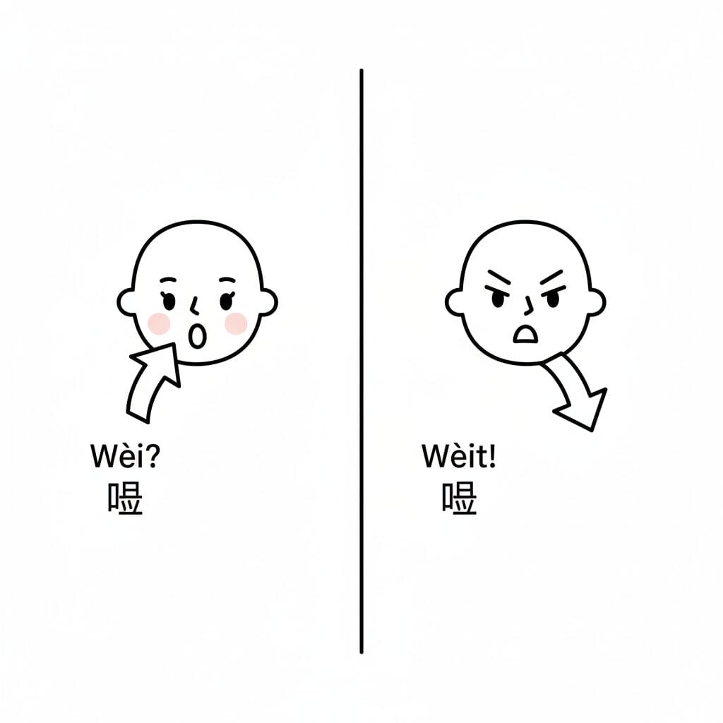 喂の発音：第2声（上昇）と第4声（下降）のイメージ図