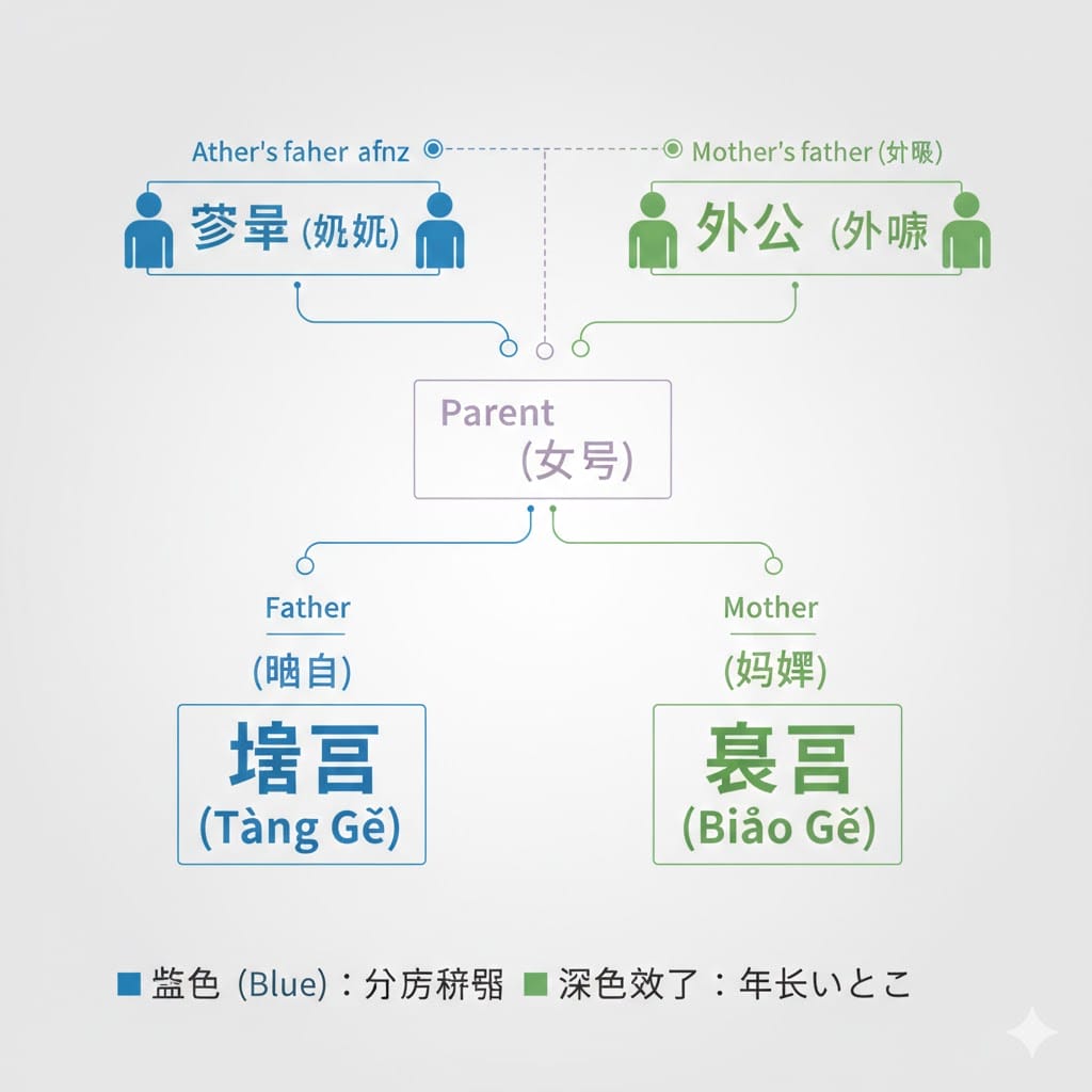 中国語の父方・母方のいとこの呼び方を色分けした家系図のインフォグラフィック