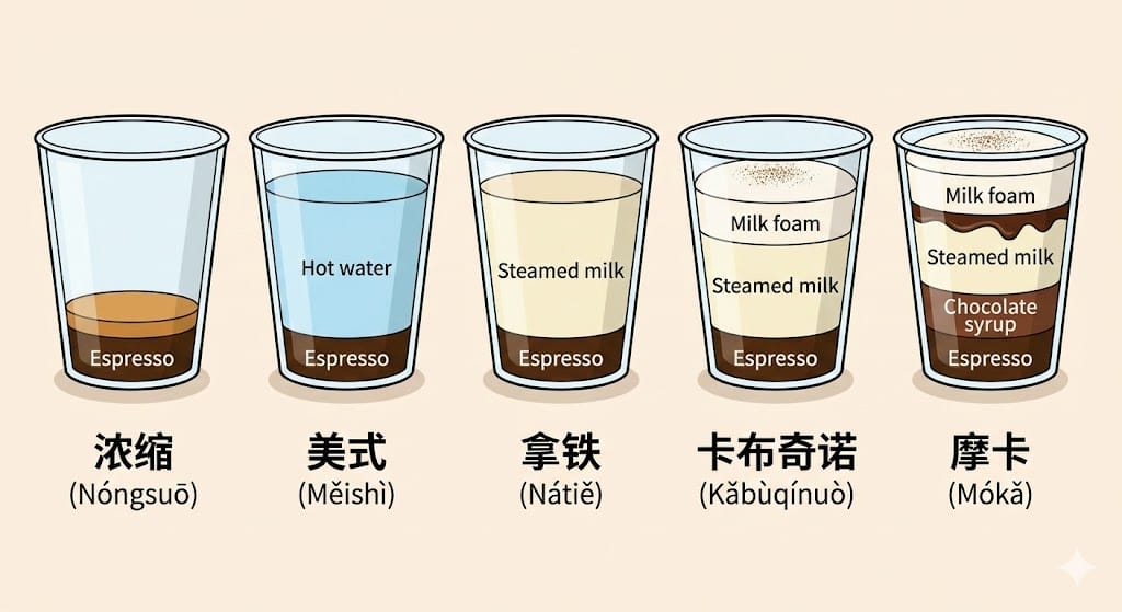 コーヒーの種類一覧と中国語名称の比較イラスト