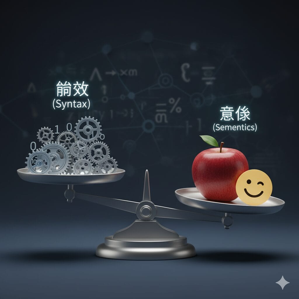 「構文(Syntax)」と「意味(Semantics)」を比較する天秤のイラスト