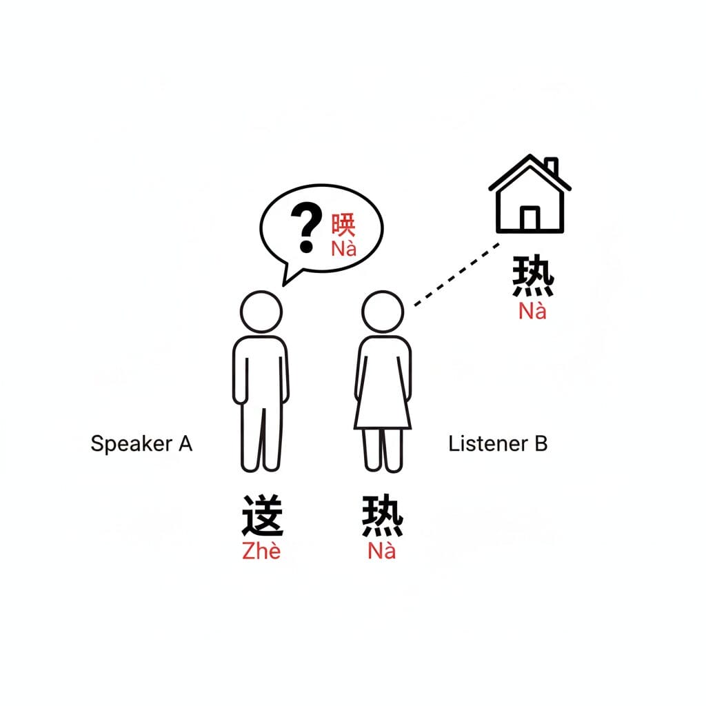 日本語の「こ・そ・あ」と中国語の「这・那」の距離感の違いを示す図