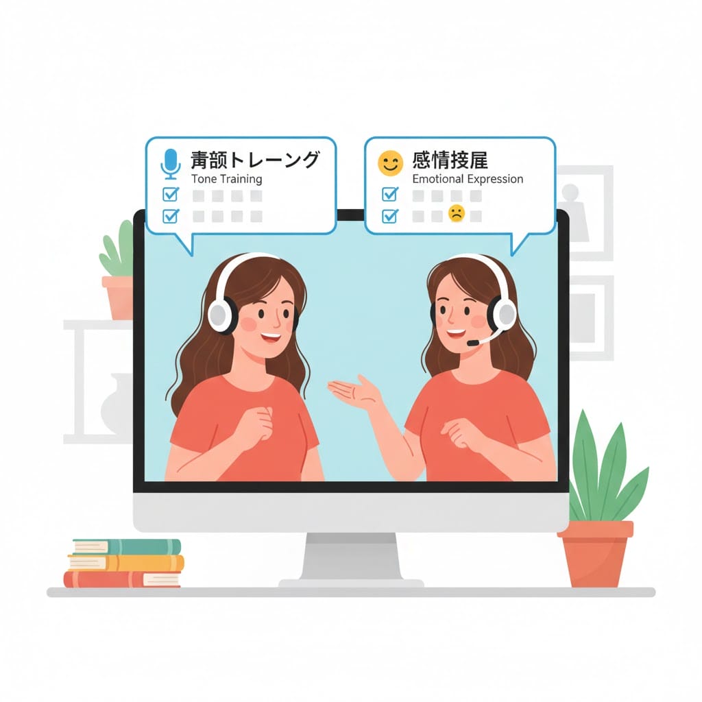 ヘッドセットを装着した学習者とネイティブスピーカーがオンラインで会話しているイラスト。声調トレーニングのチェックリストが表示されている。