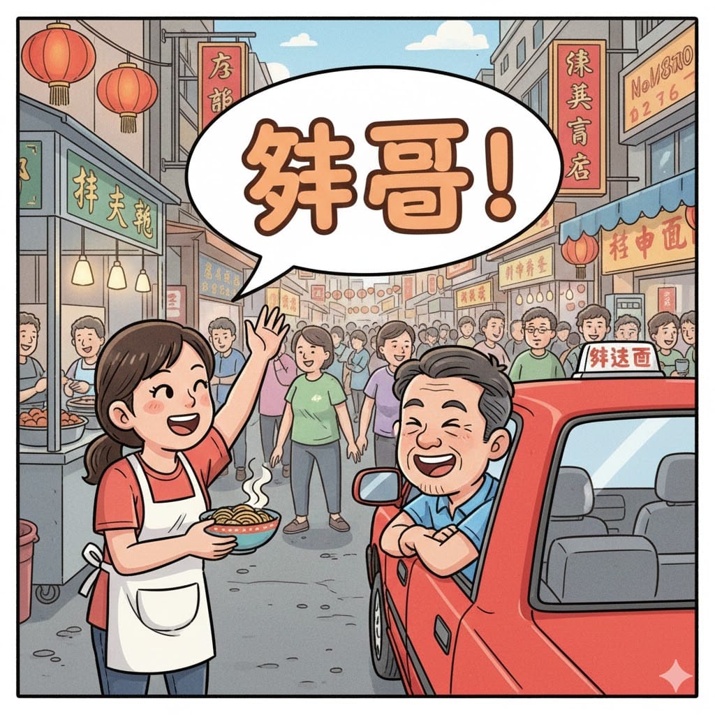 活気ある中国の街中で女性が男性に親しみを込めて「帥哥」と呼びかけているコミカルなシーン