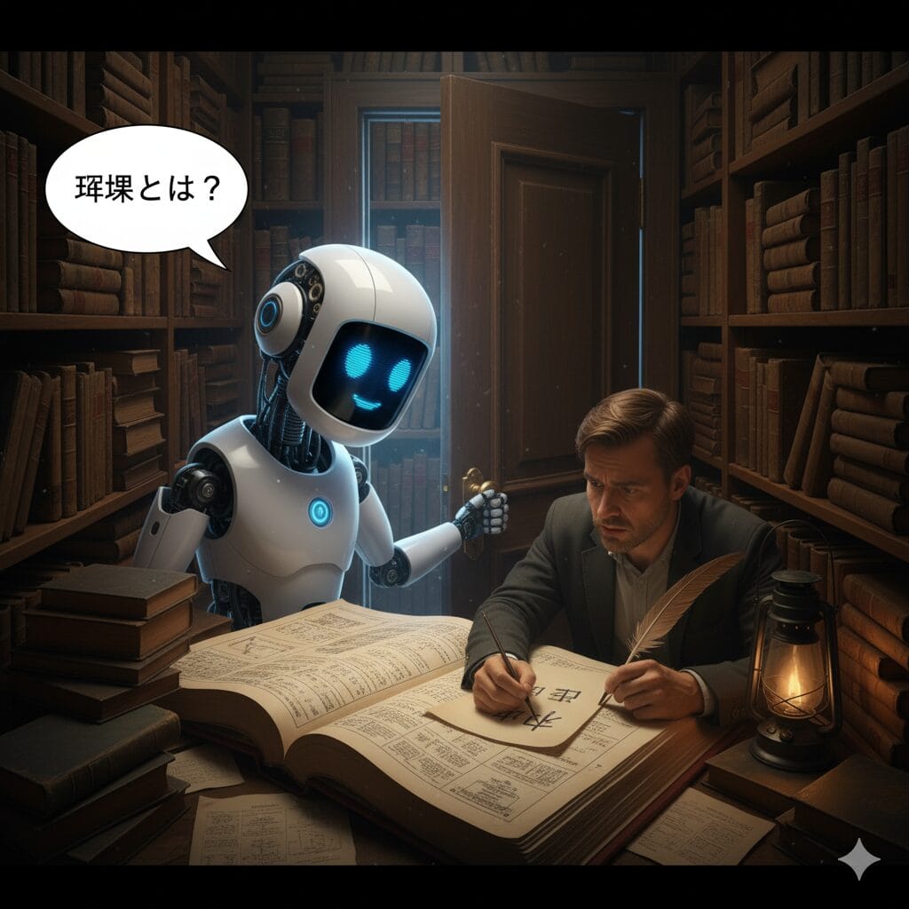 現代のAIが「中国語の部屋」のドアの前に立っているイラスト
