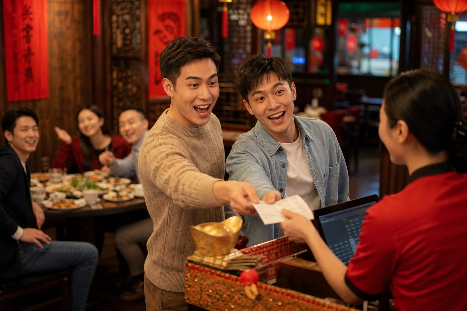 中国の飲食店で支払いを巡ってやり取りする友人たちの様子