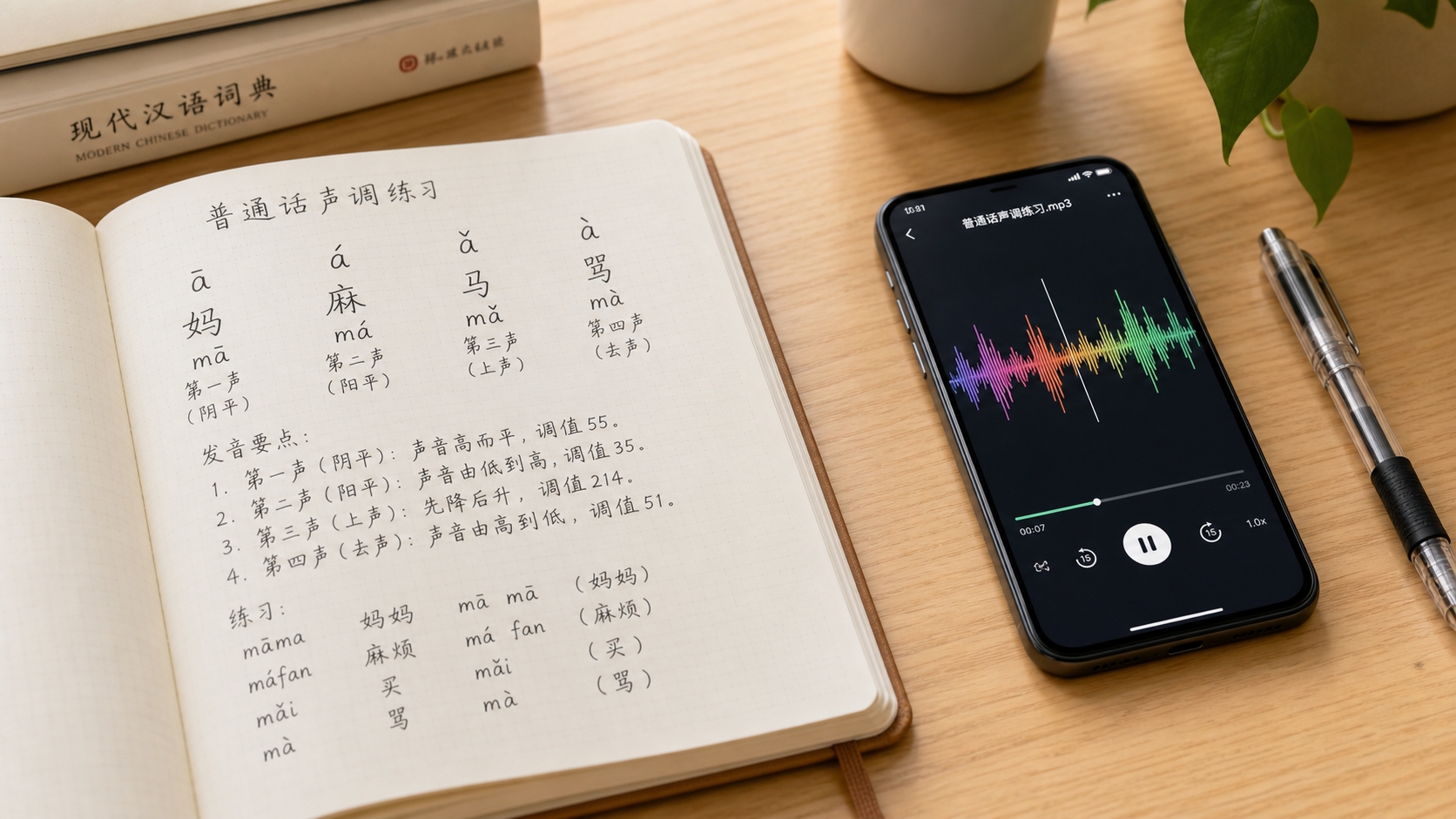 木製デスクの上で中国語の漢字とピンインメモが丁寧に書かれたノート
