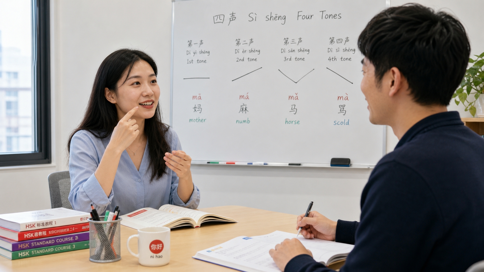 中国人講師と日本人学習者が向かい合って発音練習をしているシーン
