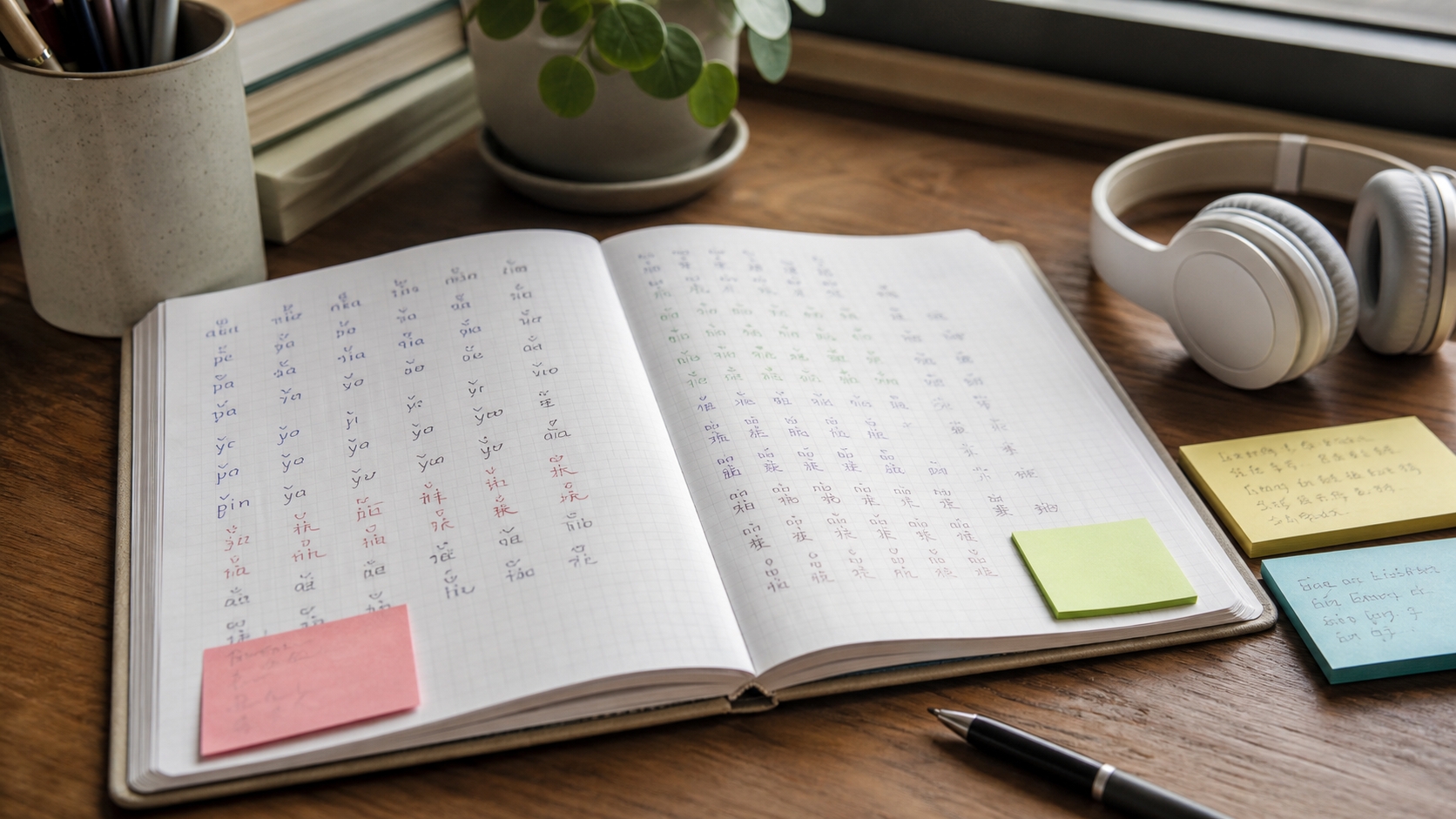 中国語の発音や会話場面をノートに整理して学ぶ机の上の教材