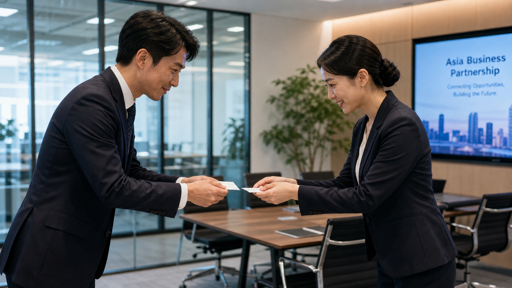 ビジネスシーンで中国人パートナーと日本人が名刺交換をしている様子