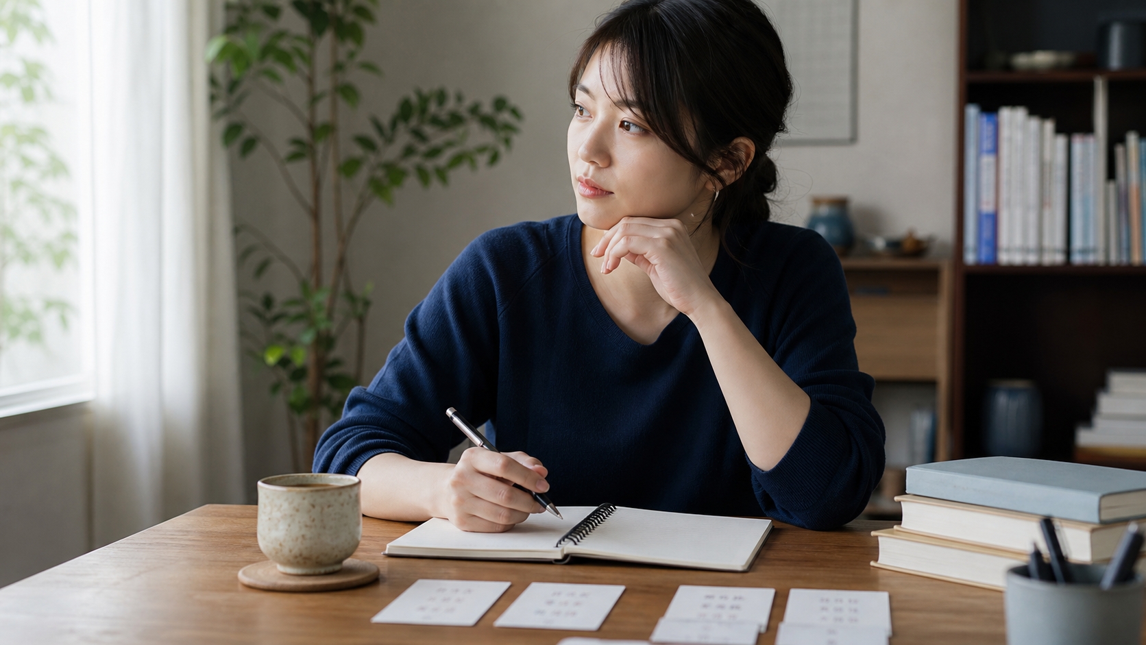 自宅で中国語の会話表現をノートに復習しながらオンライン学習をする成人学習者