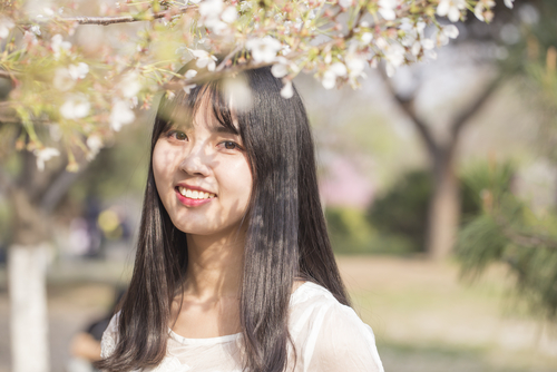 中国の花の咲く木の下で微笑むアジア系の若い女性。