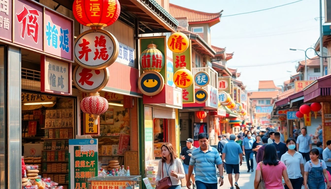 カラフルな中国語の看板を掲げた店の間を人々が歩いている、チャイナタウン地区の賑やかな通りの風景。.