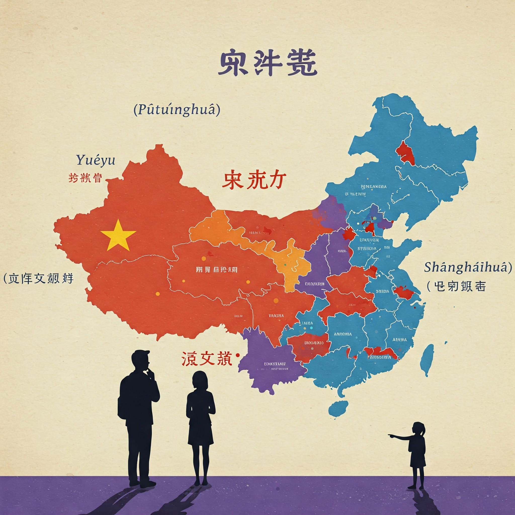 北京語（普通話）、粤語（広東語）、上海語など主要な中国語方言別に地域を示した中国地図。前景には家族のシルエットが描かれている。.