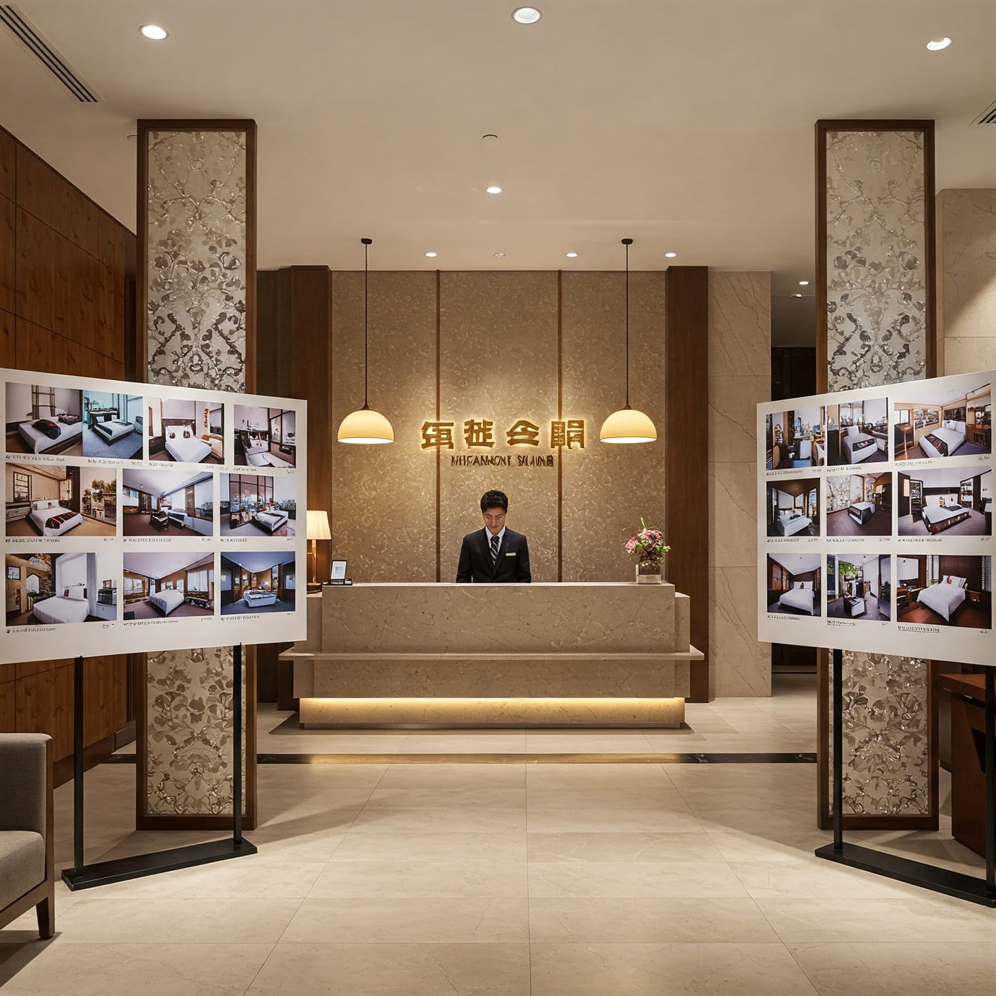 ホテルの受付エリア。デスクの後ろに受付係がおり、両側にさまざまな部屋の写真を表示する 2 つのディスプレイボードがあります。.