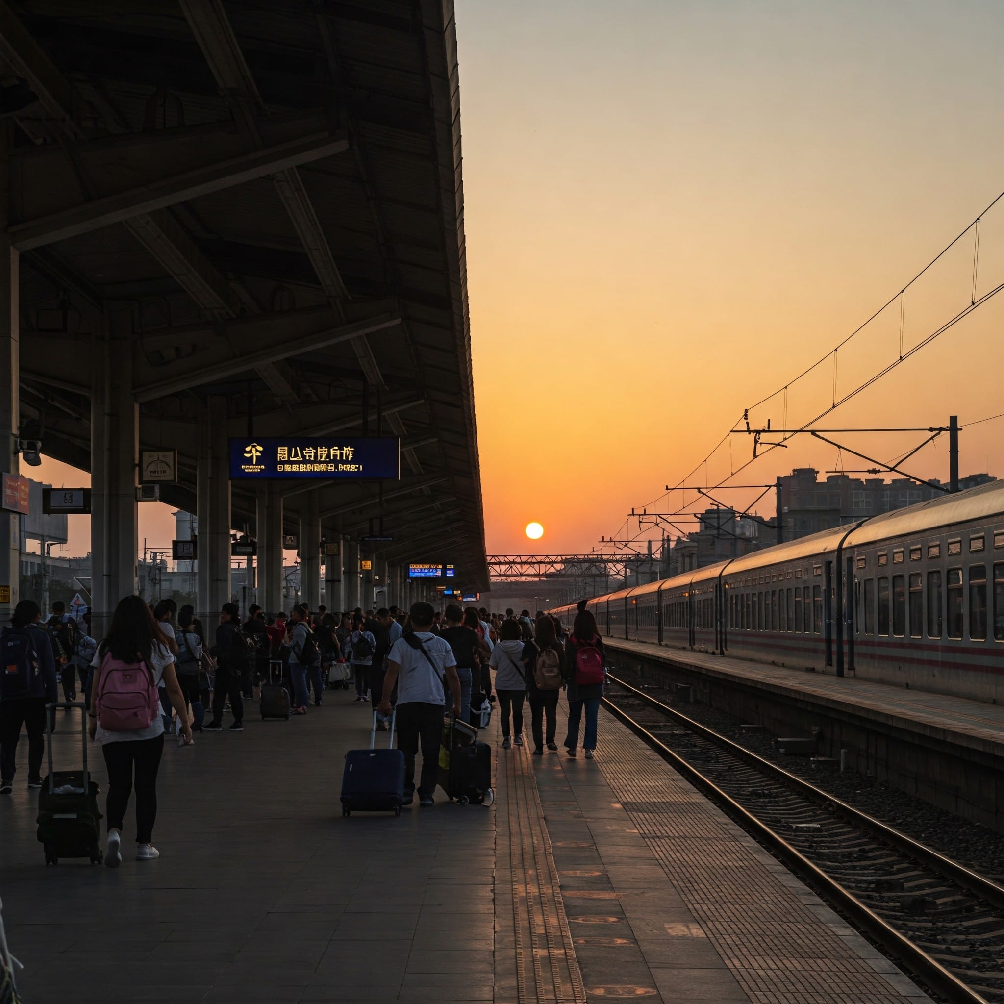 夕日が線路と停車中の電車を照らし、人々が駅のプラットフォームで荷物を持って立っています。.