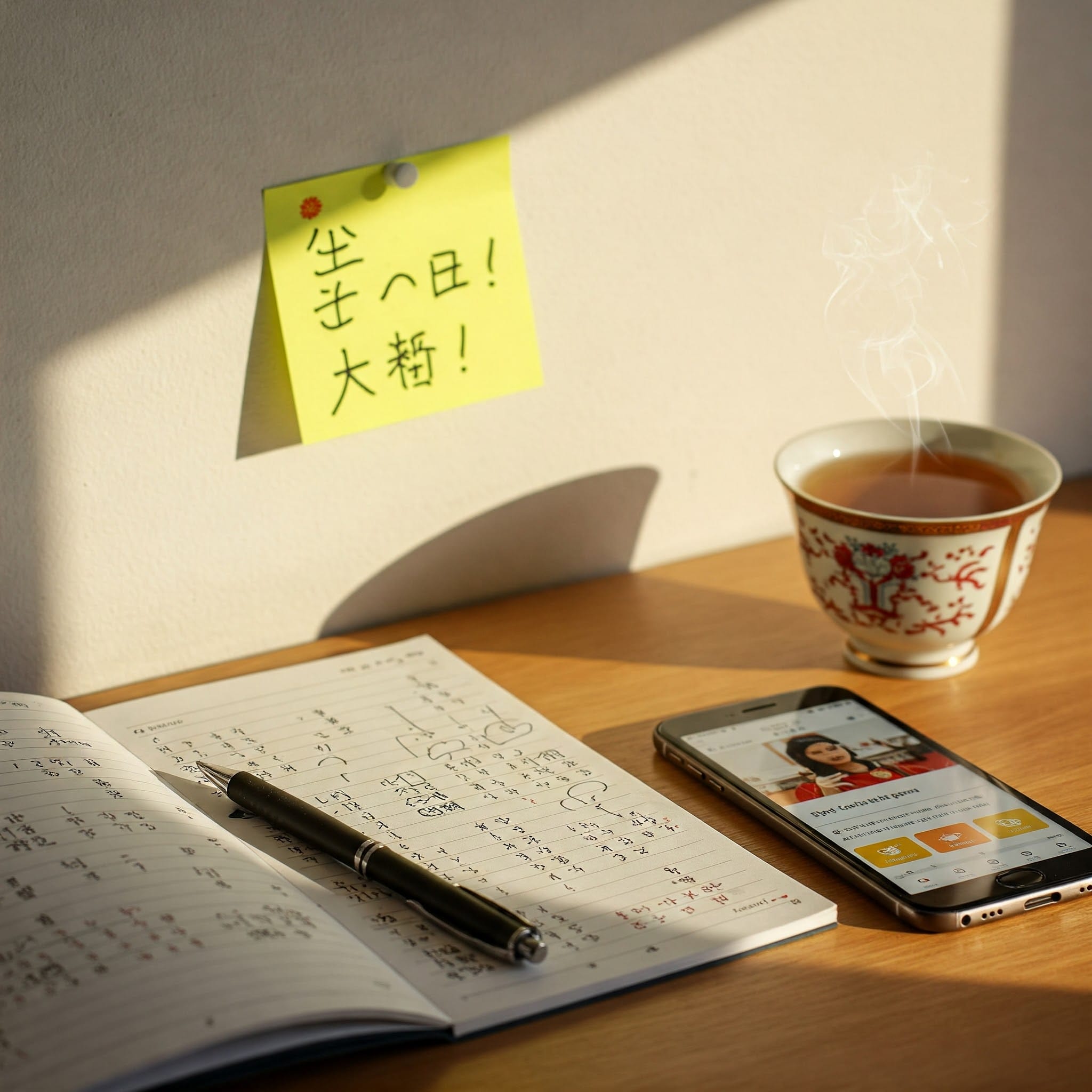 机の上には、手書きのメモが書かれたノート、ペン、スマートフォン、そしてお茶のカップが置かれている。壁には中国語の文字が書かれた黄色い付箋が貼られている。.