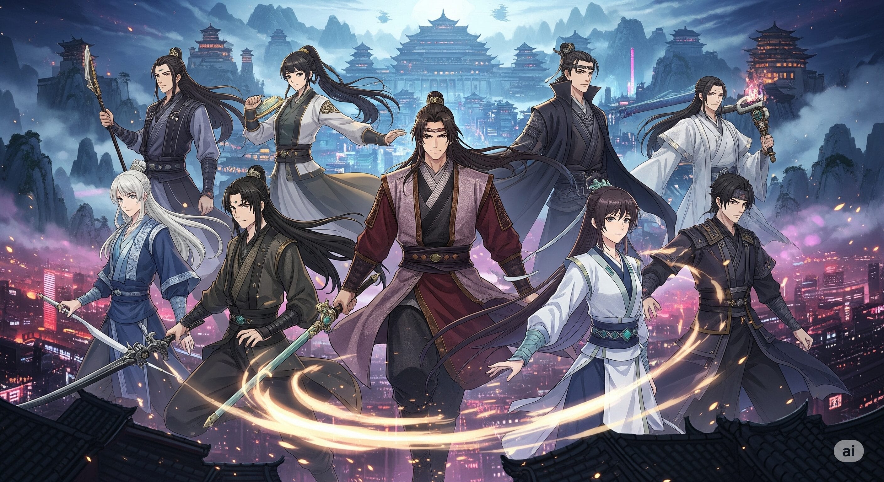 夜の屋上で、伝統的な中国衣装をまとった9人の戦士がポーズをとっています。背景には、宮殿と山々がライトアップされた街が描かれています。中央の人物の周囲には、魔力が渦巻いています。.
