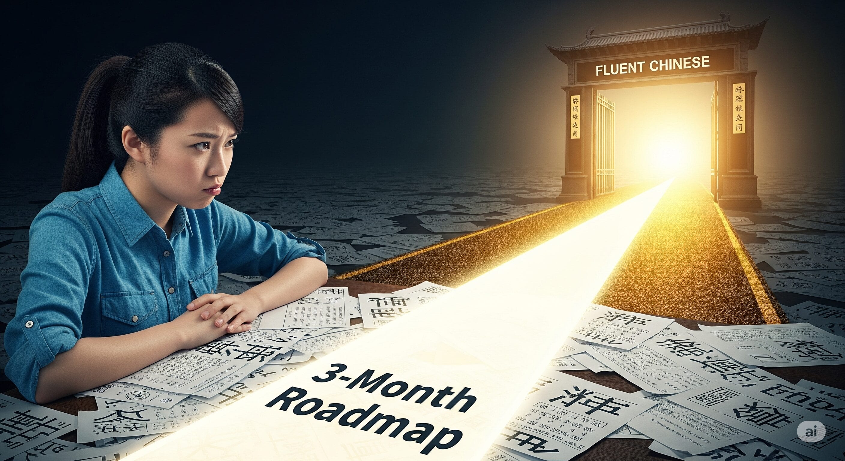 女性が書類で覆われた机で漢字を勉強しています。机の上には「3か月ロードマップ」と書かれた光る道があり、その先には「流暢な中国語」と書かれた門があります。.